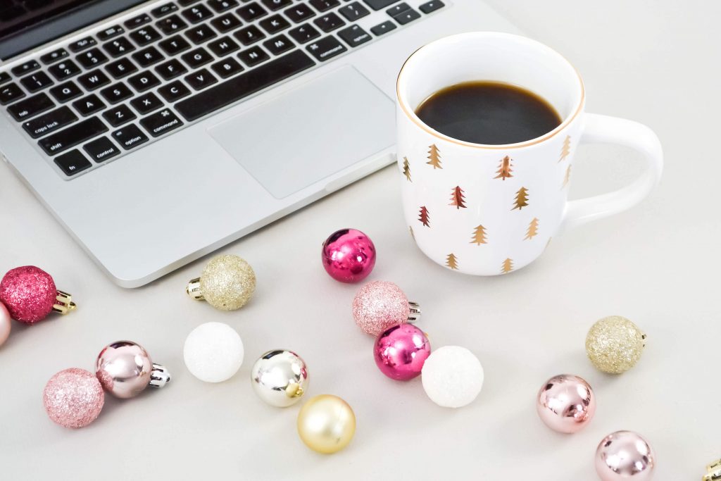 Coffee mug and Christmas ornaments