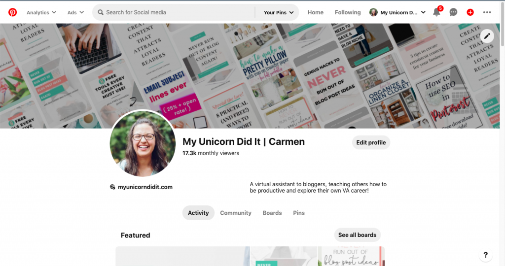 my Pinterest profile dashboard