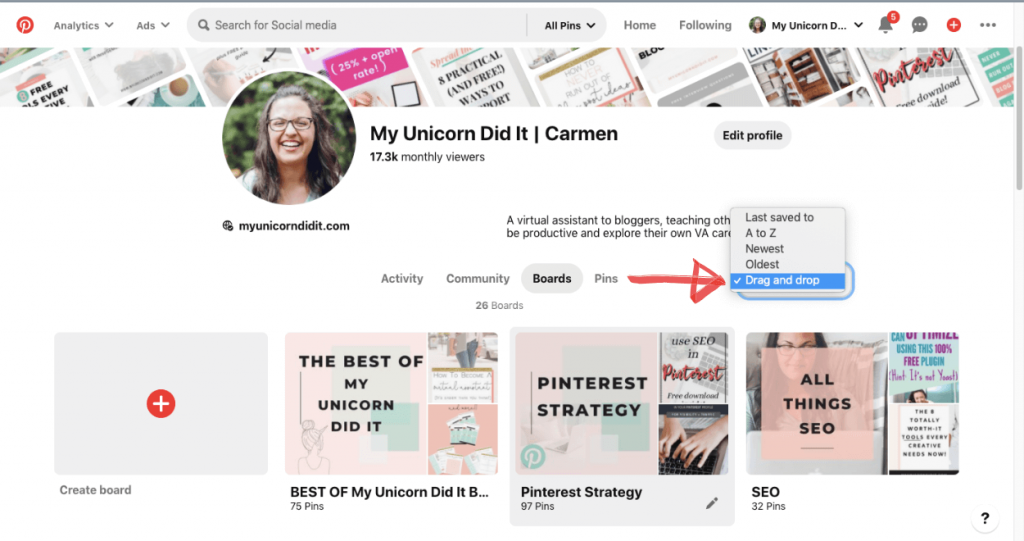 pinterest profile showing drag and drop boards